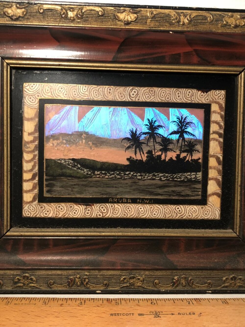 Vintage Morpho Butterfly Wing Reverse Painted Aruba Framed Scene